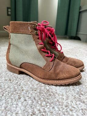 Toms Nolita Brown Suede and Olive Canvas Lace-Up Ankle Boots with Red Laces